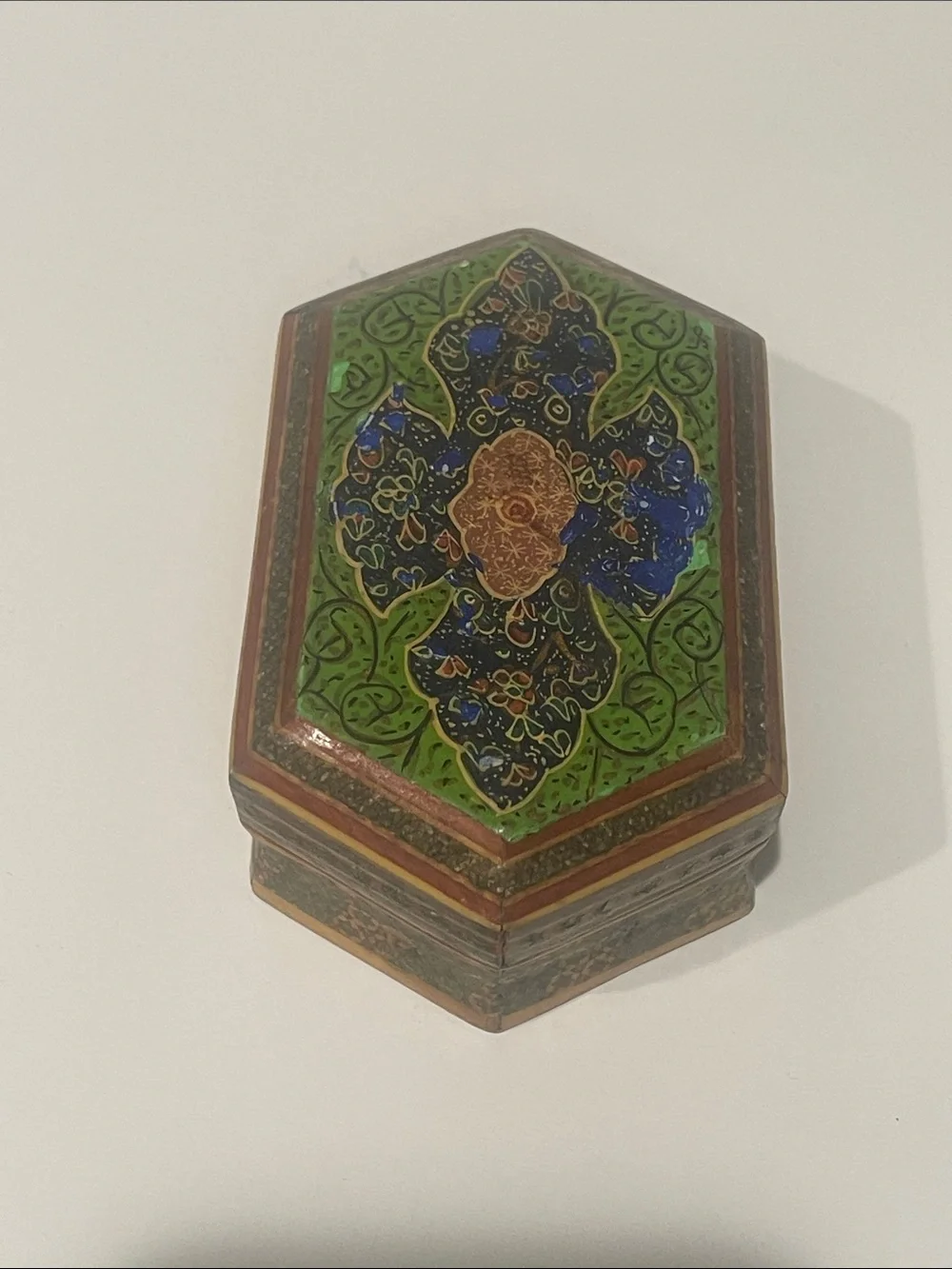 Vintage Hexagonal Decorative wooden Trinket Box Green & Blue